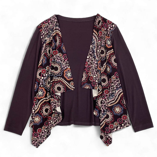 45k26 《美品》 TOKUKO 1er VOL トクコプルミエヴォル ノーカラー 長袖カーディガン 羽織 花柄プリント レディース 女性用 9 パープルu02t