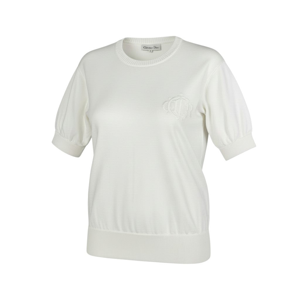 12a23 Christian Dior クリスチャンディオール 半袖ニット サマーセーター トップス エンブレム刺繍 M ホワイト コットン レディースu02t