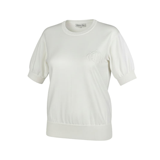 12a23 Christian Dior クリスチャンディオール 半袖ニット サマーセーター トップス エンブレム刺繍 M ホワイト コットン レディースu02t