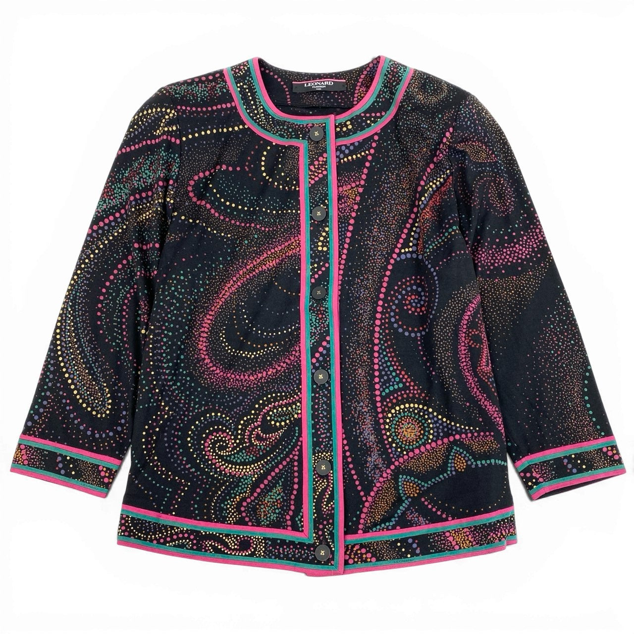 35a30 【美品】LEONARD レオナール 長袖カーディガン  トップスカットソー 総柄プリント 0349128 Lサイズ マルチカラー レディース 女性用o07t