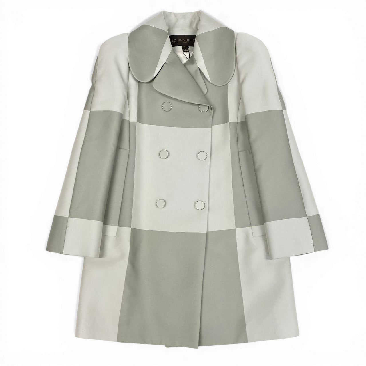 c31 《未使用品》 LOUIS VUITTON ルイヴィトン シルクブレンド ブロックチェック ダブルコート Silk Blend Block Check Double Coat 34 ホワイト グレー タグ付t18r