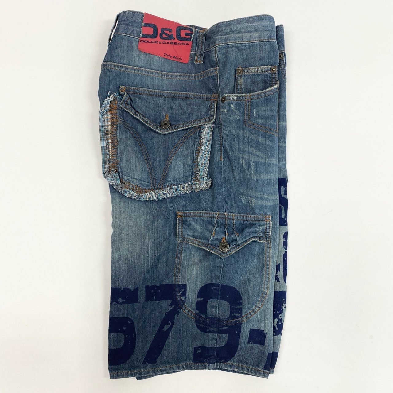 AL22 DOLCE&GABBANA ドルチェアンドガッパーナ 00`s vintage Y2K デニムカーゴパンツ ハーフパンツ ショート ダメージ ペイント加工 メンズ 紳士服 29 / 43 ブルーk02i