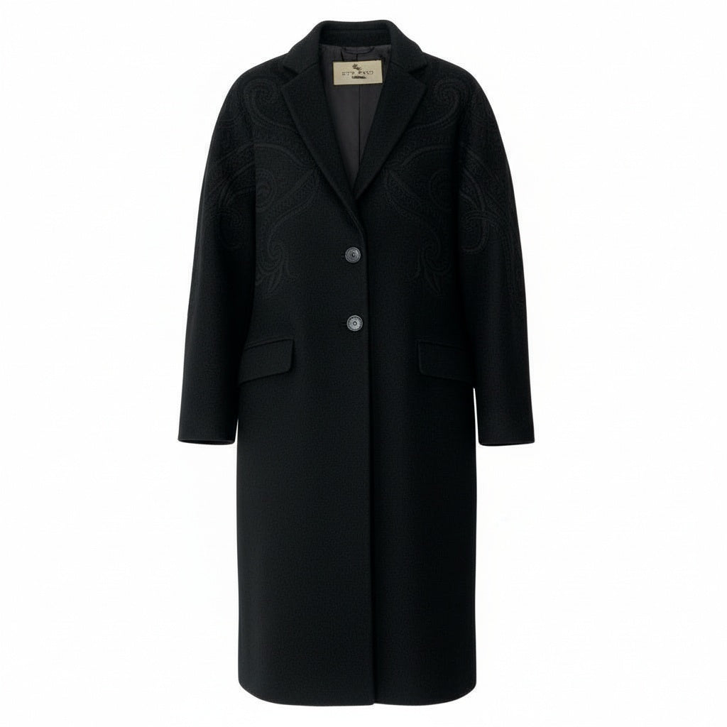 82a15 ETRO エトロ チェスターコート ロングコート ペイズリー 刺繍 ウールブレンド イタリア製 レディース 女性用 サイズ42 ブラックu02t