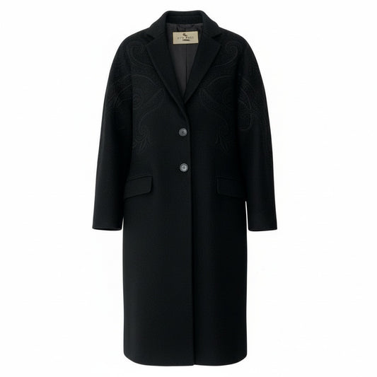 82a15 ETRO エトロ チェスターコート ロングコート ペイズリー 刺繍 ウールブレンド イタリア製 レディース 女性用 サイズ42 ブラックu02t