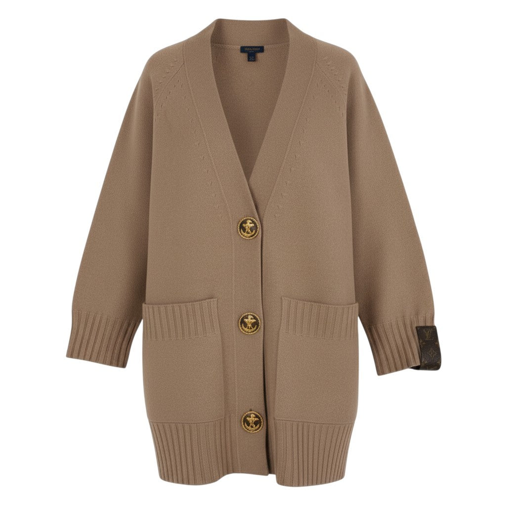Eb19 LOUIS VUITTON ルイヴィトン ロングカーディガン ウールニット コーディガン アンカーボタン Long Knit Cardigan Sweater M ピンクベージュ系 ウール100％t18r