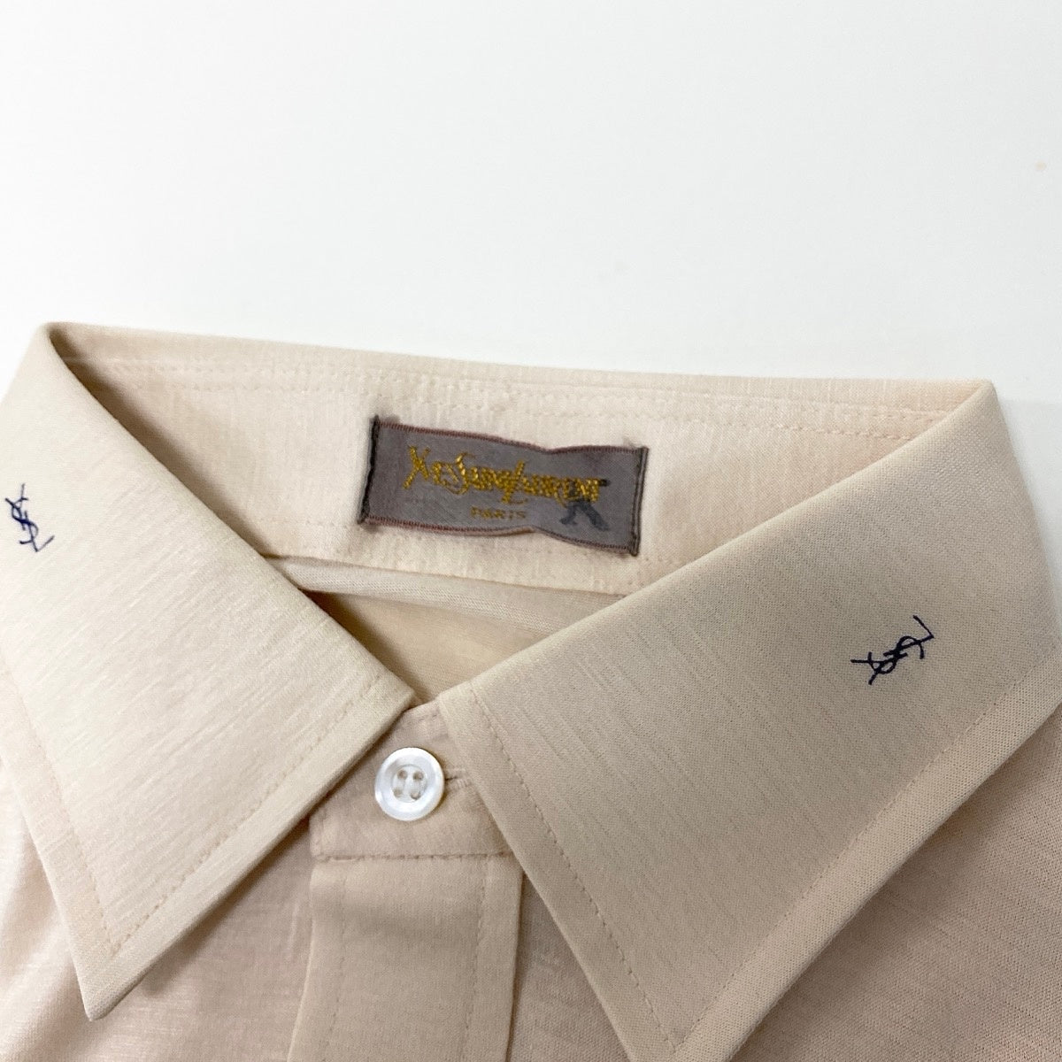 41g18 YVES SAINT LAURENT イヴサンローラン YSLロゴ 長袖ポロシャツ サイズM ベージュ コットン100％ メンズ 紳士服o07t