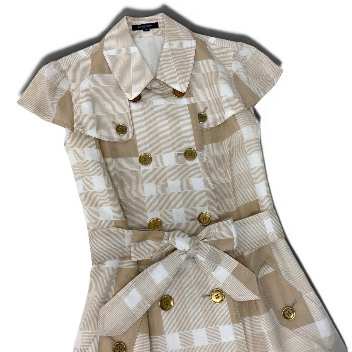 Ig9 BURBERRY LONDON ノバチェック トレンチ風ワンピース アメリカンスリーブ 日本製 36サイズ ベージュ ホワイト コットン100％ レディース 女性用ta1