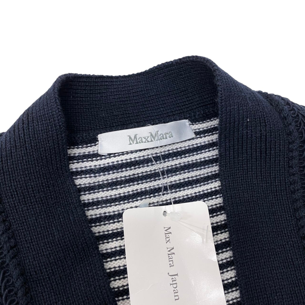 88i15 【未使用タグ付】 Max Mara マックスマーラ ロングニットカーディガン ボーダー柄 ウエストリボン M ネイビー ホワイト ウール100％ レディースu02t