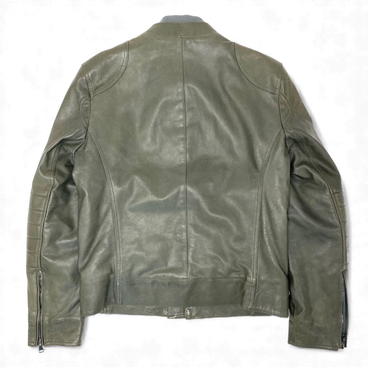 77L8 EMMETI di Franco エンメティ イタリア製 レザー ジャケット シングルライダースジャケット 重ね襟 本革 ラムスキン メンズ 紳士服 46 カーキu02t