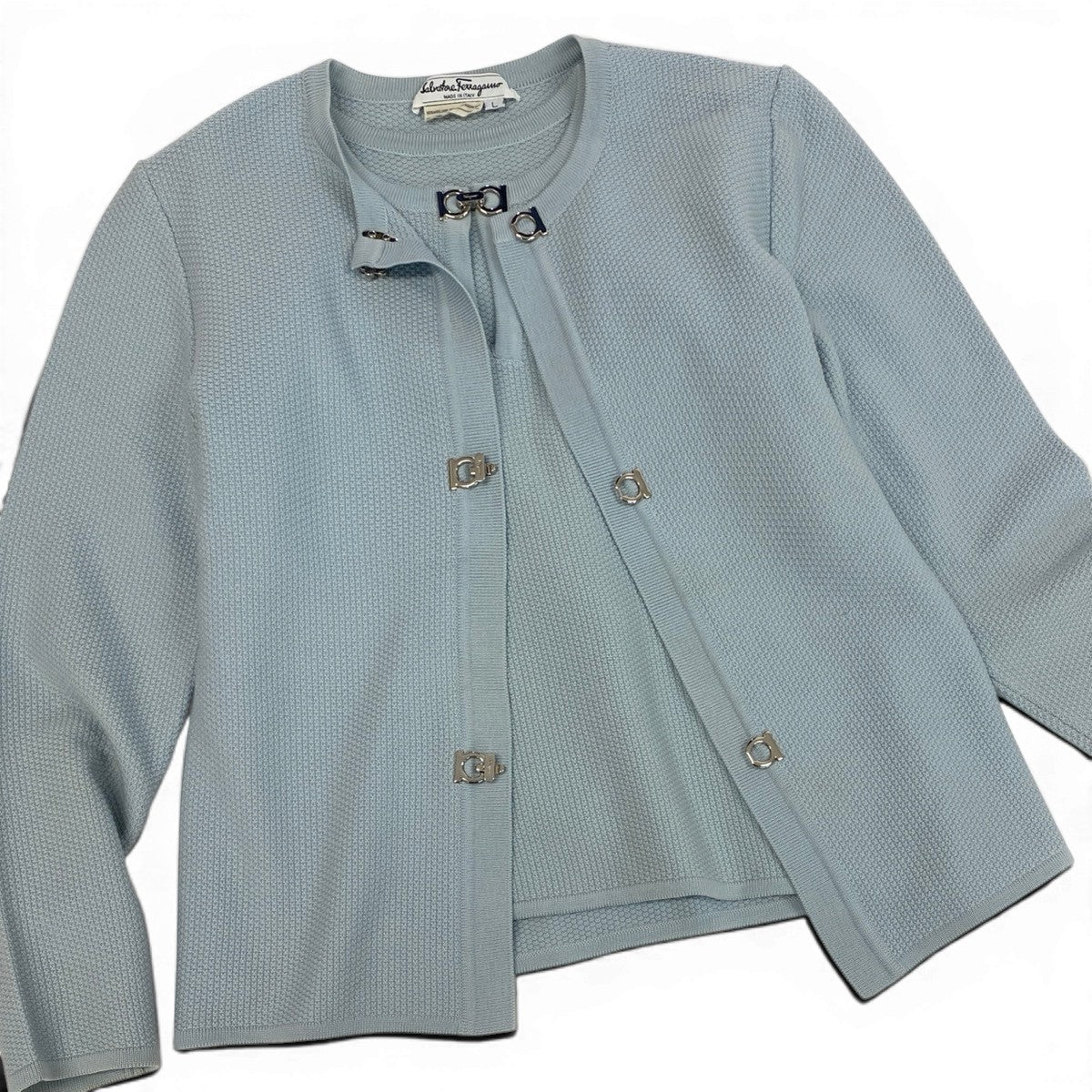 10f5 Salvatore Ferragamo サルヴァトーレフェラガモ ニットアンサンブル ツインニット ガンチーニ ニットセーター カーディガン サイズL ライトブルー ウール100％ レディース 女性服u02t