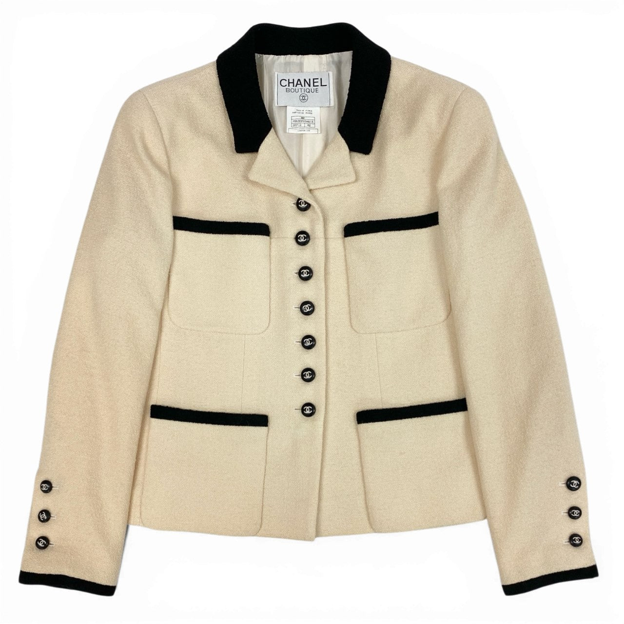 10f20 Vintage CHANEL シャネル 1996 ツイードジャケット テーラージャケット バイカラー ココマークボタン 42 アイボリー ブラック レディースta1