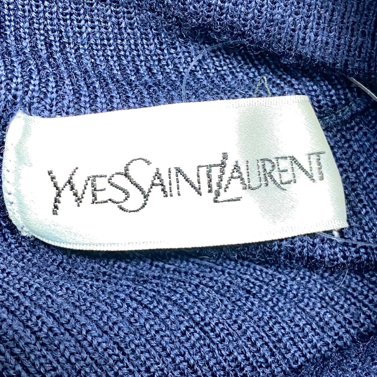 40f15 YVES SAINT LAURENT イヴサンローラン YSLロゴ リブニット ロングスリーブ ハイネックセーター サイズM ネイビー ウール100％ レディース 女性服o07t