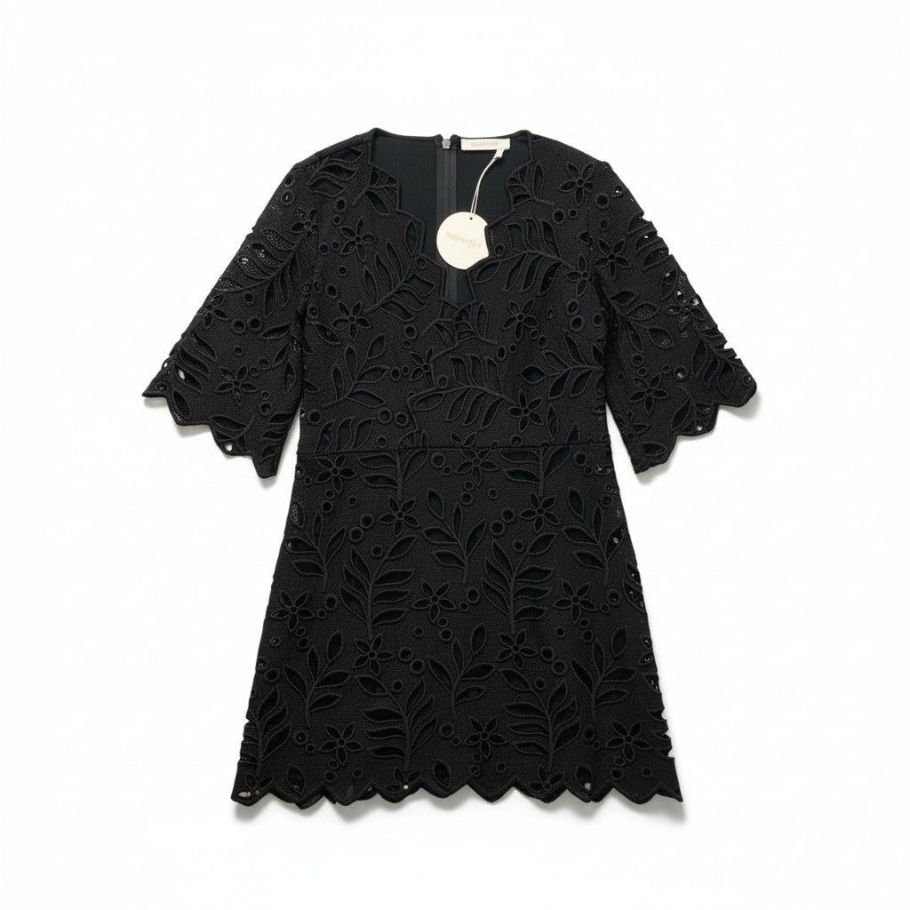 87c6 【美品】SeeByChloe シーバイクロエ 花柄レースワンピース 異素材切替 ベロア 36サイズ ブラック ポリエステル100％ レディース 女性用u02t