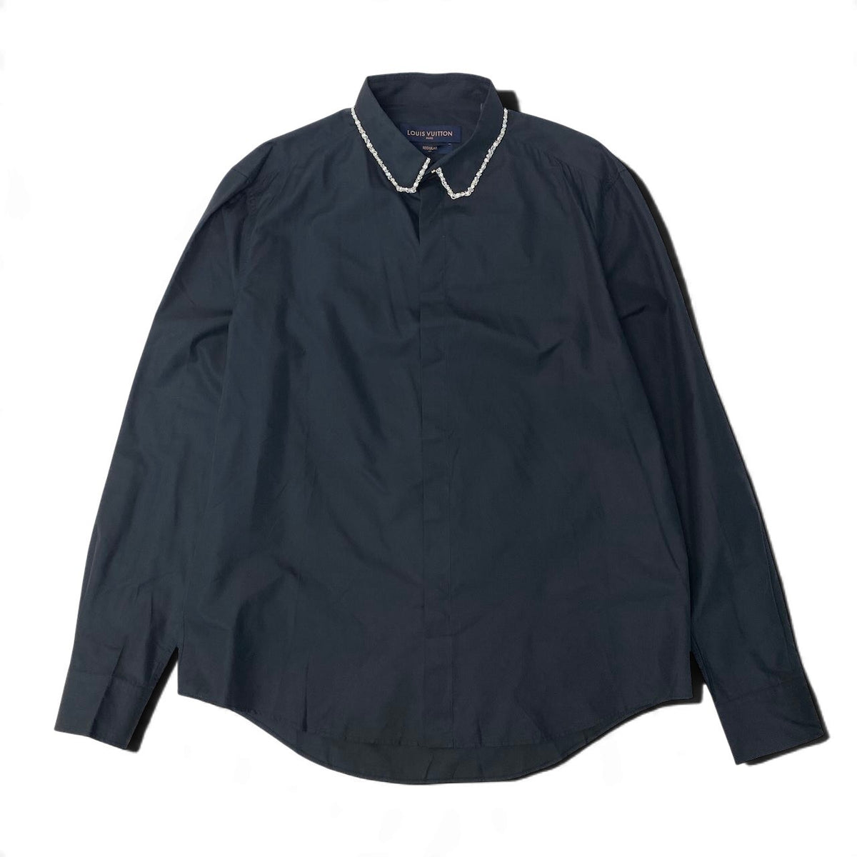 28j16 【未使用タグ付】 LOUIS VUITTON ルイヴィトン ビーズカラー ロングスリーブ ドレスシャツ REGULAR FIT サイズ42/16-1/2 ブラック コットン シルク メンズu02t