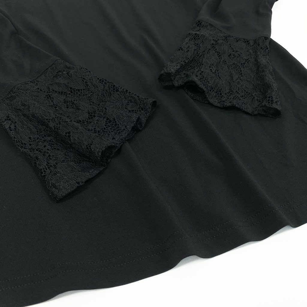 83L22 【美品】TOKUKO 1er VOL トクコプルミエヴォル 長袖カットソー ハイネックカットソー 袖口レースデザイン ストレッチ素材 9サイズ ブラック レディースu02t