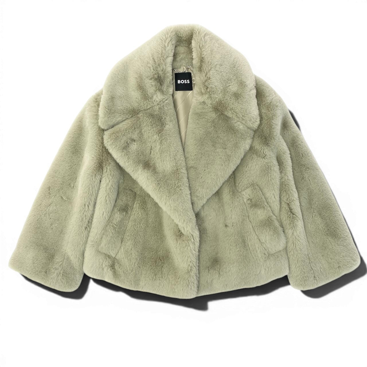 43e11 【美品】HUGO BOSS ヒューゴボス フェイクファージャケット ジャケットコート アウター 36サイズ ベージュ ポリエステル100％ レディース 女性用u02t