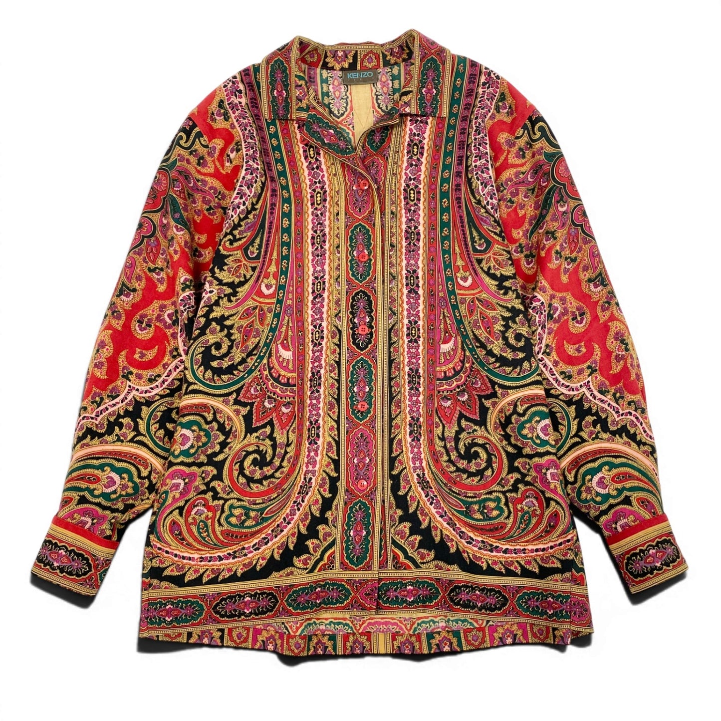 48d16 KENZO ケンゾー ロングスリーブオープンカラーシャツ 総柄シャツ トップス Mサイズ マルチカラー ウール100％ レディース 女性用u02t