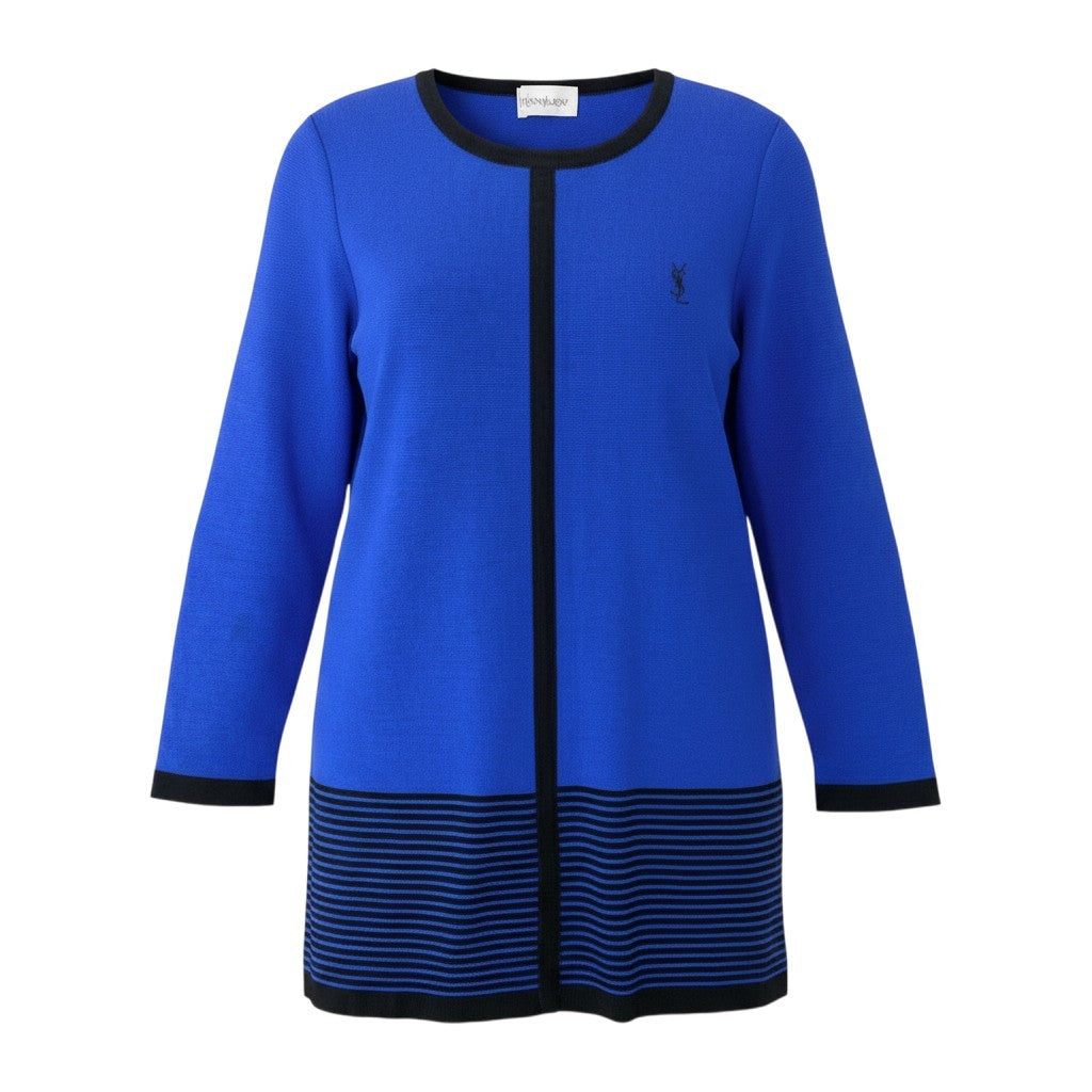 33f15 YVES SAINT LAURENT イヴサンローラン YSLロゴ ニットセーター チュニック丈 ボーダー柄 バイカラー サイズＭ ブルー ブラック ウール100％ レディース 女性用u02t