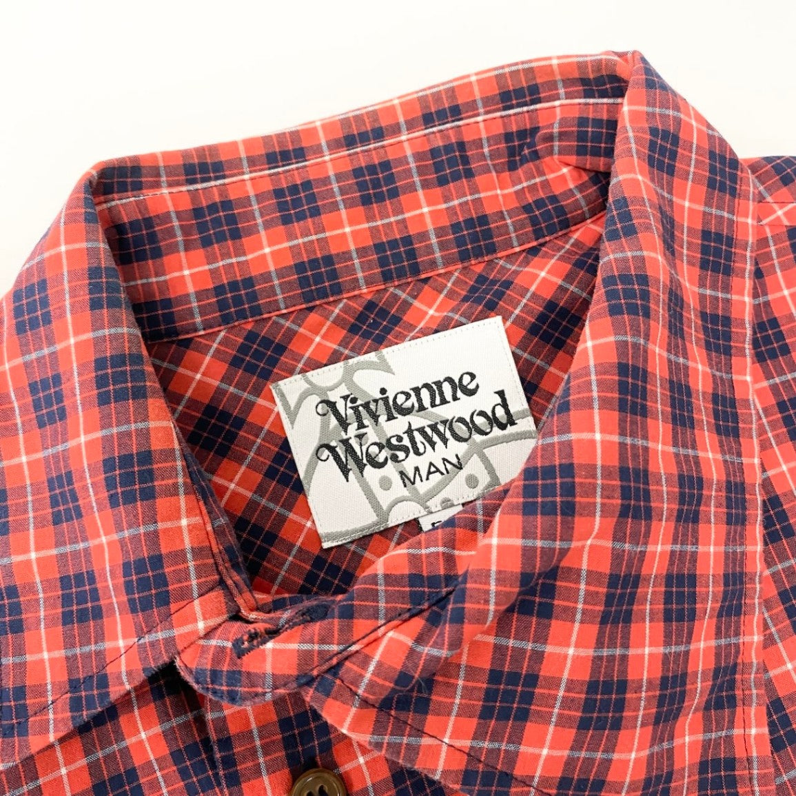 23e7 VivienneWestWood MAN ヴィヴィアンウエストウッドマン ロゴ刺繡 チェックシャツ 半袖シャツ サイズ50 レッド ネイビー コットン100％ メンズ 紳士服u02t