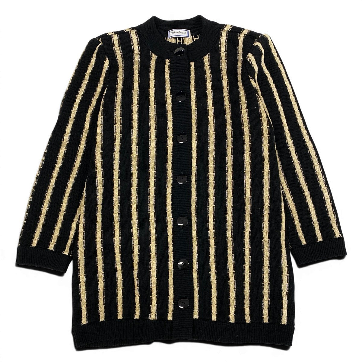 65e2 YVES SAINT LAURENT イヴサンローラン ロングスリーブ ニットカーディガン チュニック丈 サイズM ブラック ゴールド ウール100％ レディース 女性服o07t