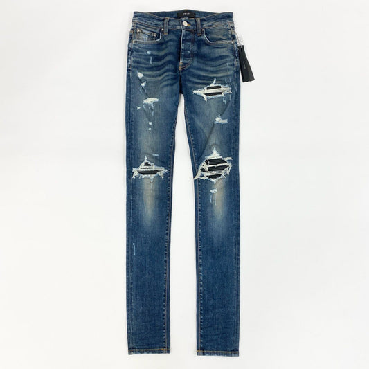 19g28《未使用》タグ付 AMIRI アミリ 蛇腹ダメージ加工 スキニーデニムパンツ ジーンズ ボトムス クラッシュ加工 SR1PXMD001SAMDSI 28 インディゴブルー コットン メンズ