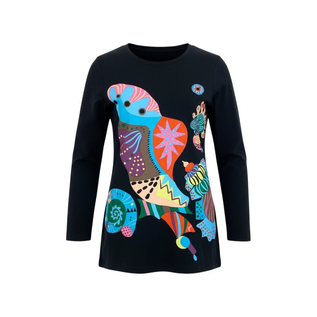 38k26 《美品》 TOKUKO 1er VOL トクコプルミエヴォル チュニックカットソー ロングスリーブ プルオーバー フロントプリント レース装飾 レディース 女性用 9 ブラックu02t