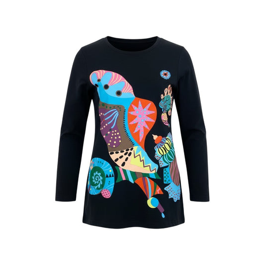 38k26 《美品》 TOKUKO 1er VOL トクコプルミエヴォル チュニックカットソー ロングスリーブ プルオーバー フロントプリント レース装飾 レディース 女性用 9 ブラックu02t