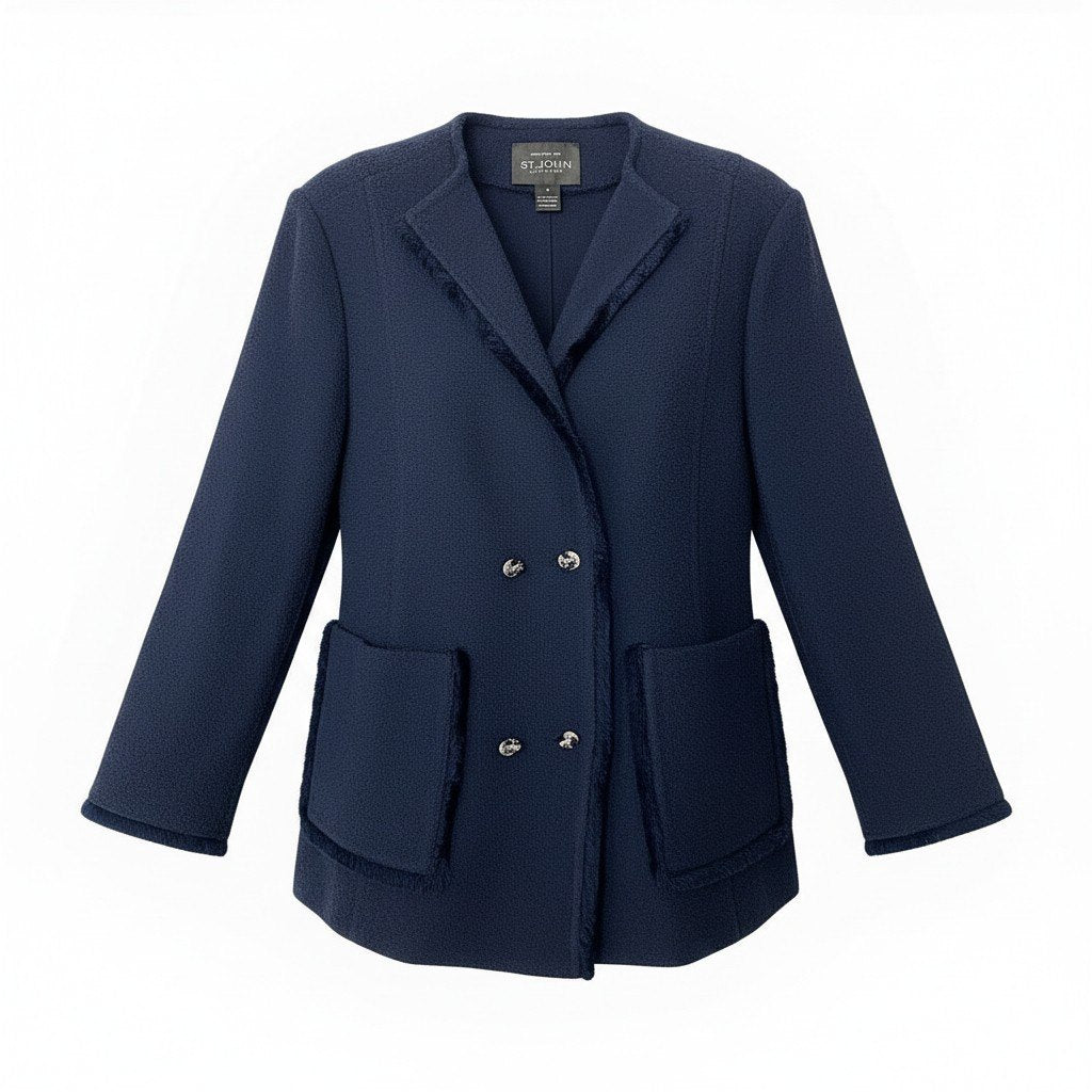 16a16【新品】ST.JOHN セントジョン スプリング ツイードジャケット 短丈ショートジャケット サイズ8 ネイビー レディース 女性用k02i
