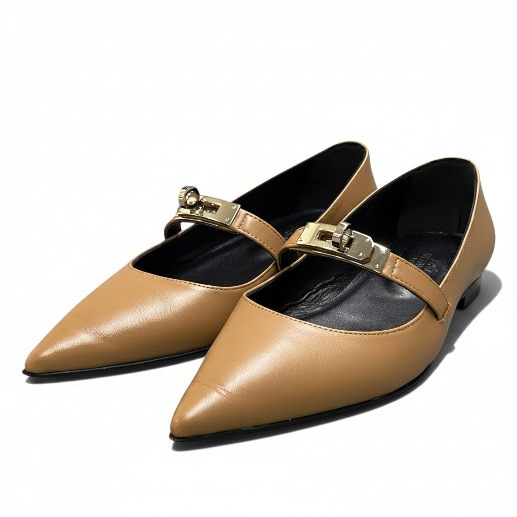 h29《美品》 HERMES エルメス ケリー バレエ フラットシューズ Kelly Ballet Flats Shoes size 36 Beige Camel Leather 箱 保存袋有t18r
