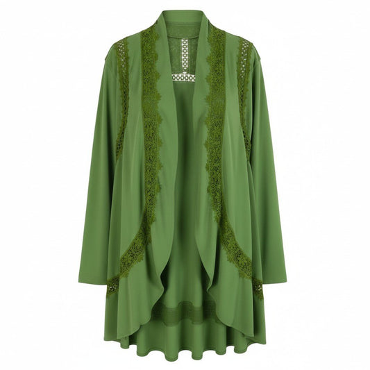 52b27 TOKUKO 1er VOL トクコプルミエヴォル ロングカーディガン 長袖 レース装飾 レディース 女性服 サイズ9 グリーンu02t