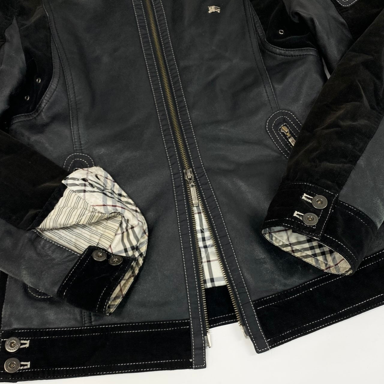 4d16 BURBERRY BLACK LABEL バーバリー ブラックレーベル 中綿 レザージャケット フーデッドジャケット 2way コーデュロイ切替 ラビットファー サイズM ブラック メンズ 紳士服u02t