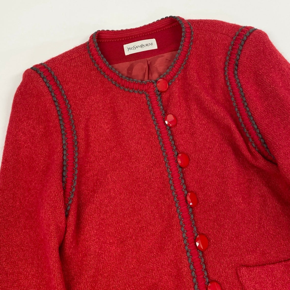78f2 YVES SAINT LAURENT イヴサンローラン ノーカラー ニットジャケット ニットカーディガン ウールブレンド サイズM レッド レディース 女性服o07t