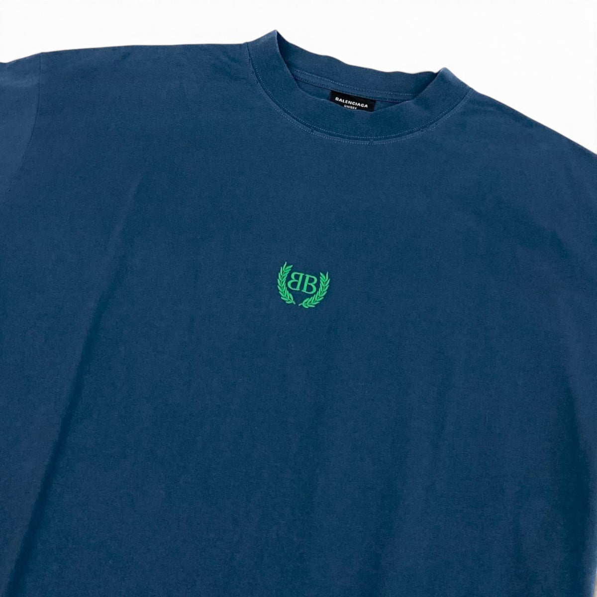 i19 BALENCIAGA BBローレル刺繍 Tシャツ  Mサイズ ブルー コットン100％ ユニセックス レディース メンズu02t