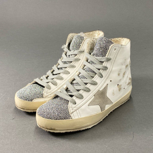 3d21 【美品】 GOLDEN GOOSE ゴールデングース GGDB FRABCY ハイカットスニーカー 35 ホワイト レザー グリッター ヴィンテージ加工