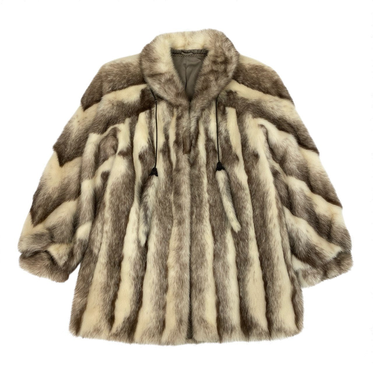 54L4 クロスミンク 飾り付き コート サイズ9号 ホワイト ブラウン 本毛皮 MINK FUR リアルファー ポケット有t18r