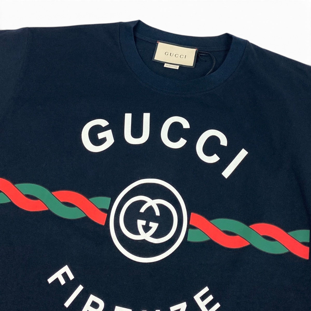 i19【未使用保管品】 タグ付 GUCCI グッチ FIRENZE 1921 ロゴプリント Tシャツ 半袖カットソー 616036 XJD7T XSサイズ ネイビー コットン メンズo07t