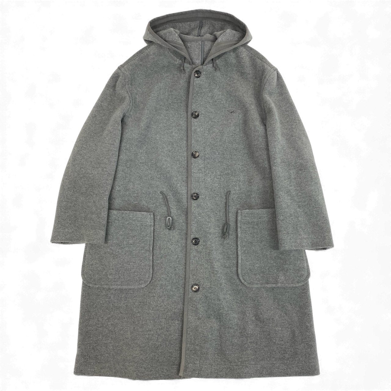 87l20 Papas パパス ロングコート ウールコート フード付き 胸元ロゴ刺繡 M グレー ウール メンズu02t