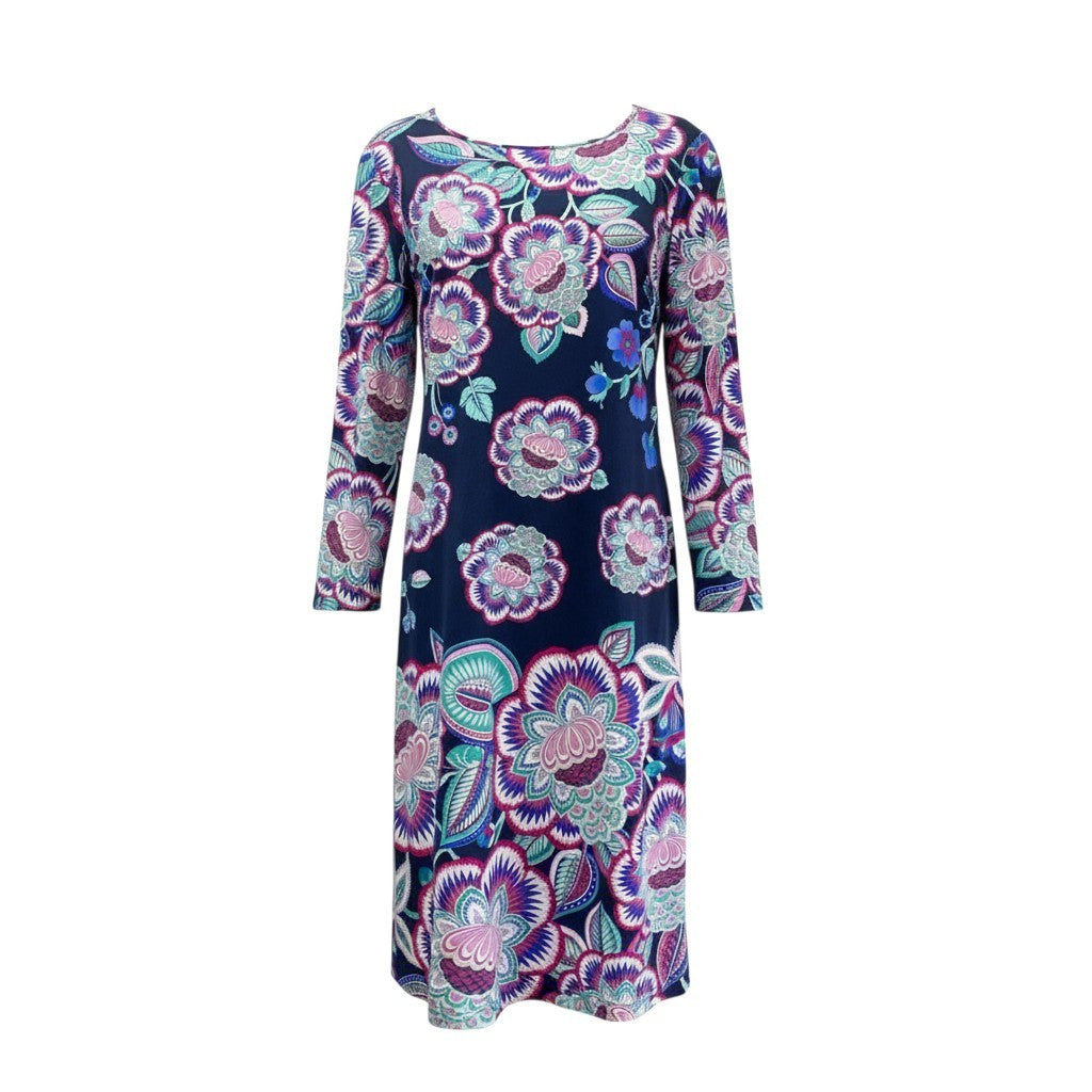 3K18 LEONARD PARIS レオナール インポートライン ロングワンピース 長袖 美しい花柄プリント ストレッチ レディース 女性用 40 ネイビー ナイロン100％u02t