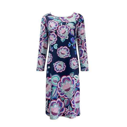 3K18 LEONARD PARIS レオナール インポートライン ロングワンピース 長袖 美しい花柄プリント ストレッチ レディース 女性用 40 ネイビー ナイロン100％u02t
