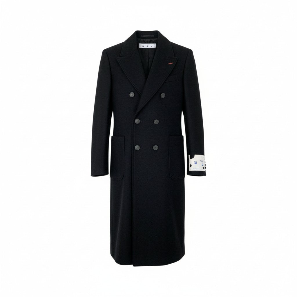 20L2【美品】Off White オフホワイト ダブルブレストロングコート ウールコート アウター OMER003E20FAB001 Lサイズ ブラック メンズo07t