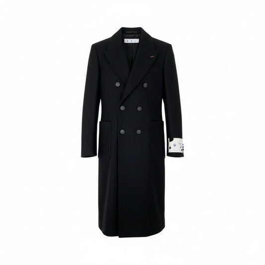 20L2【美品】Off White オフホワイト ダブルブレストロングコート ウールコート アウター OMER003E20FAB001 Lサイズ ブラック メンズo07t