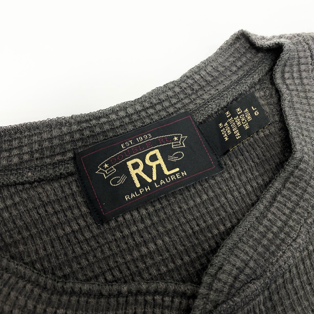 10k11【美品】RRL ダブルアールエル ラルフローレン ヘンリーネック ワッフルTシャツ サーマルカットソー サイズL グレー メンズ 男性用k02i