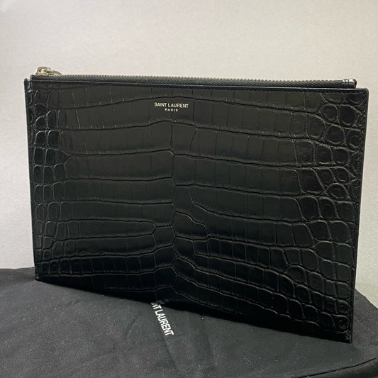 d21 《美品》 SAINT LAURENT サンローラン クロコ型押し クラッチバッグ ブラック カーフレザー セカンドバッグ タブレットケース 保存袋付き