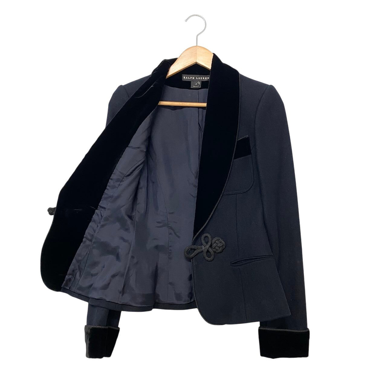 1h16 【美品】 RALPH LAUREN ラルフローレン ショールカラージャケット ベロア切替  サイズ2 ブラック レディース 女性用u02t