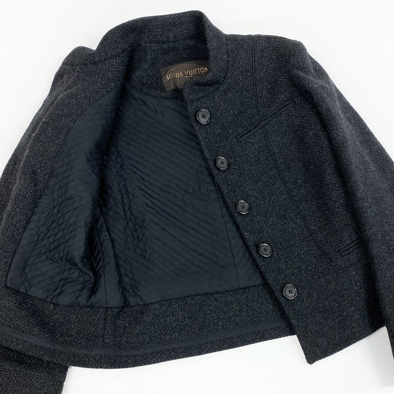 86i11 LOUIS VUITTON ルイヴィトン フランス製 ウール ツイードジャケット アウター 36 ブラック グレー Wool レディースo07t