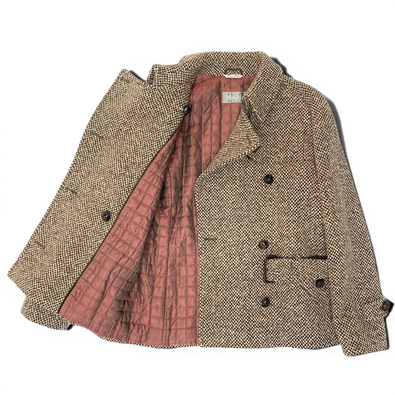 26e8 Max Mara マックスマーラ ダブルブレスト ツイードコート 中綿ジャケット ハーフコート サイズ42 ベージュ ブラウン系 レディース 女性用u02t
