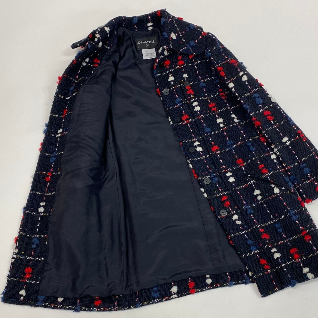 Cd2 《極美品》 CHANEL シャネル CCボタン ツイード ステンカラーコート CC Tweed Soutien Collar Coat P42157 サイズ36 ネイビー フランス製t18r