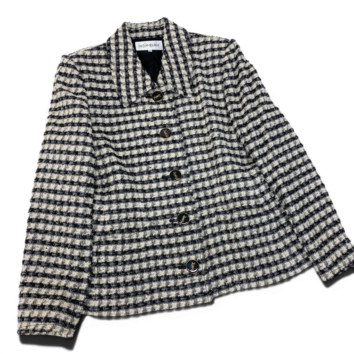 29g14 YVES SAINT LAURENT イヴサンローラン セットアップスカート ツイードジャケット YSLロゴボタン サイズ40 ブラック アイボリー レディース 女性用o07t