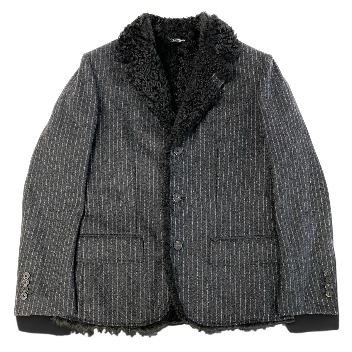 j26 【美品】DOLCE&GABBANA ムートンテーラードジャケット ラムファー ストライプ柄 44サイズ グレー メンズ 男性用k02i