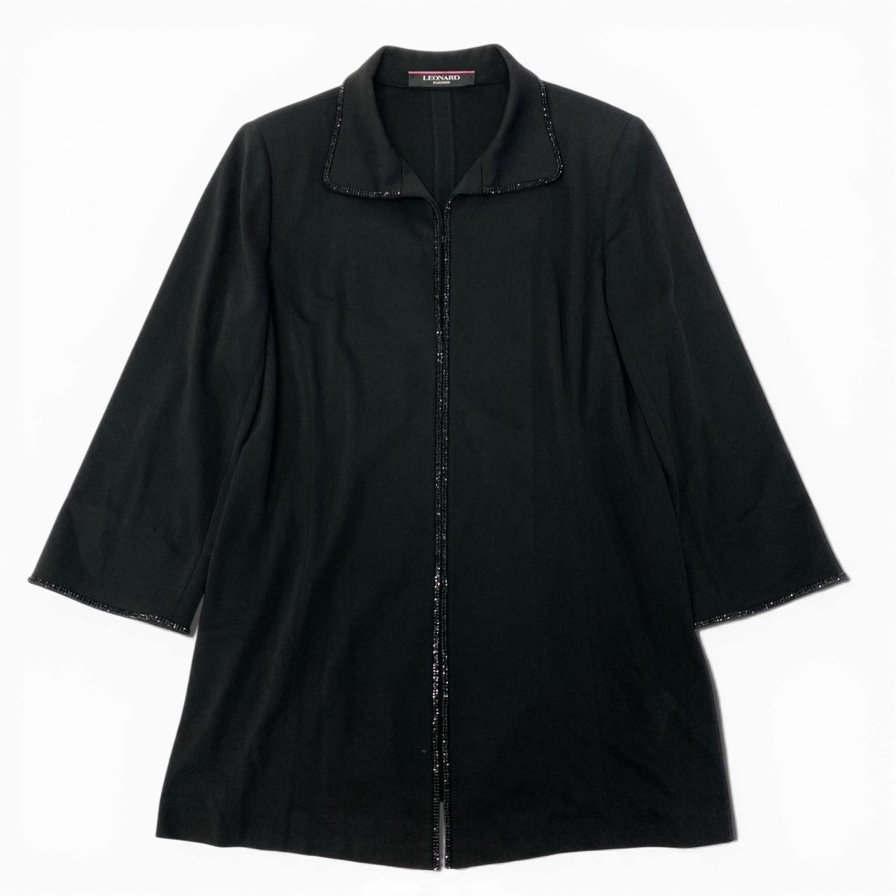61c9 LEONARD FASHION レオナール ロングジャケット カーディガン ロングスリーブ カンカン素材 ワンポイントロゴ ラインストーン レディース 女性服 サイズ42 ブラックu02t